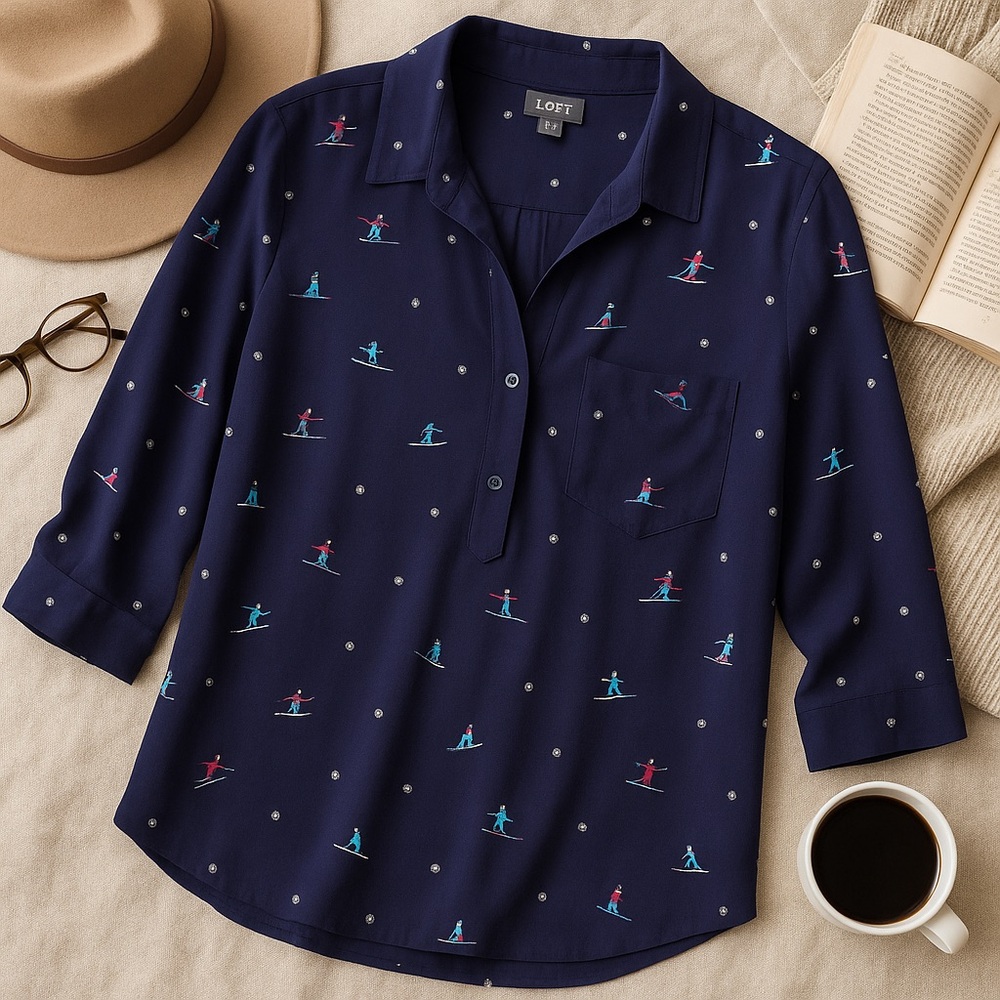 NY & Company Soho Collection Navy Skier Print Blouse Size Medium
